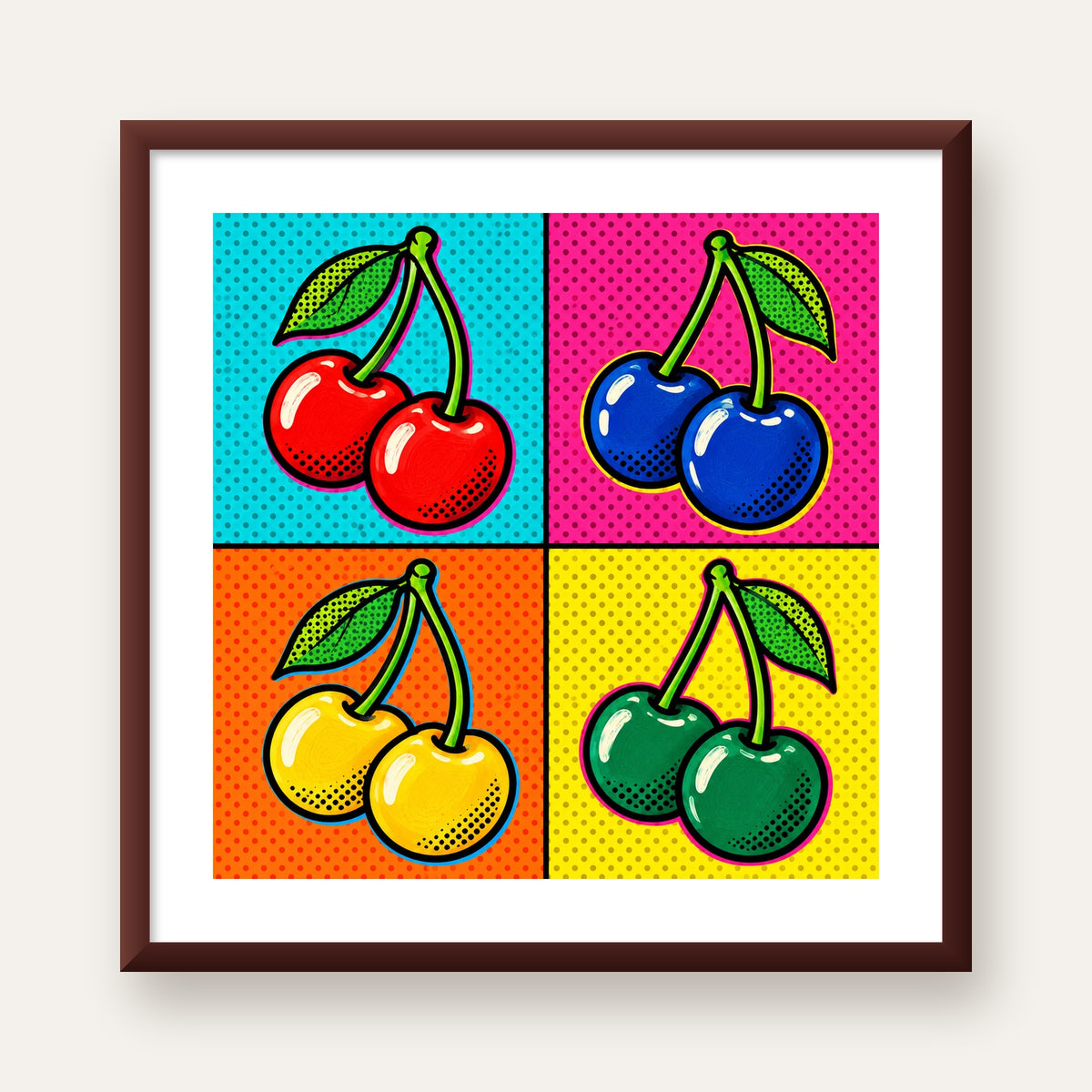 Pop Art Kiraz Poster – Renkli Çizgi Roman Tarzı Duvar Dekoru — ceviz çerçeveli paspartulu