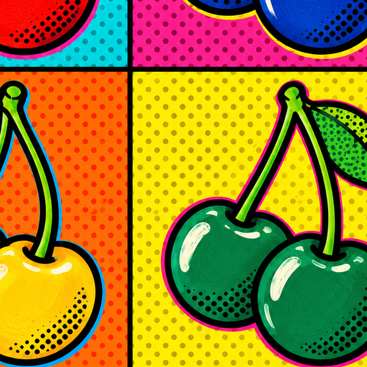 Pop Art Kiraz Poster – Renkli Çizgi Roman Tarzı Duvar Dekoru — baskının yakın çekimi, kâğıt dokusu ve renk detayı