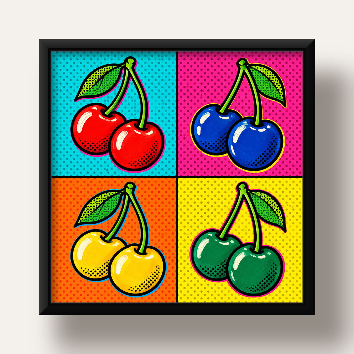 Pop Art Kiraz Poster – Renkli Çizgi Roman Tarzı Duvar Dekoru — siyah derin çerçeveli