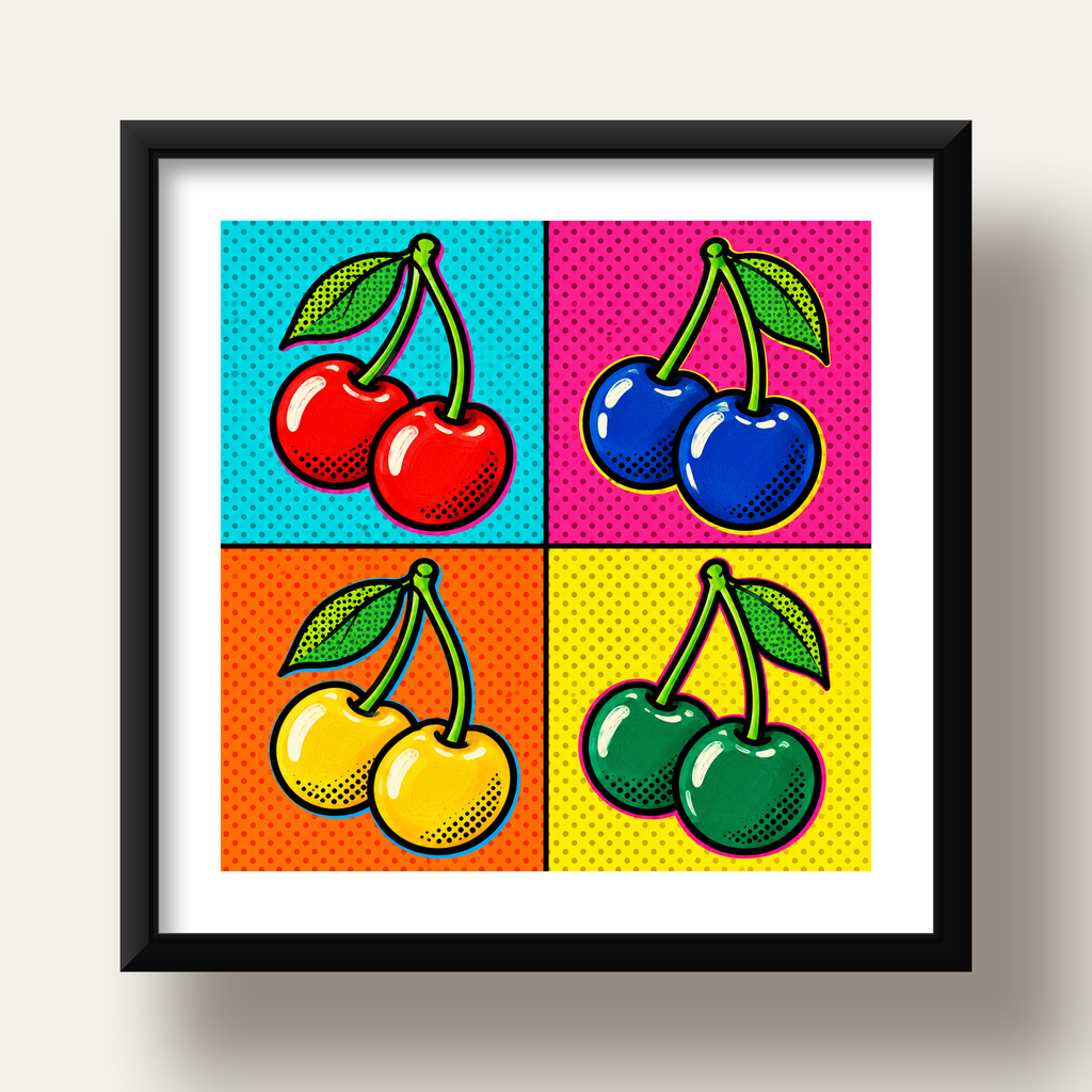 Pop Art Kiraz Poster – Renkli Çizgi Roman Tarzı Duvar Dekoru — siyah derin çerçeveli paspartulu