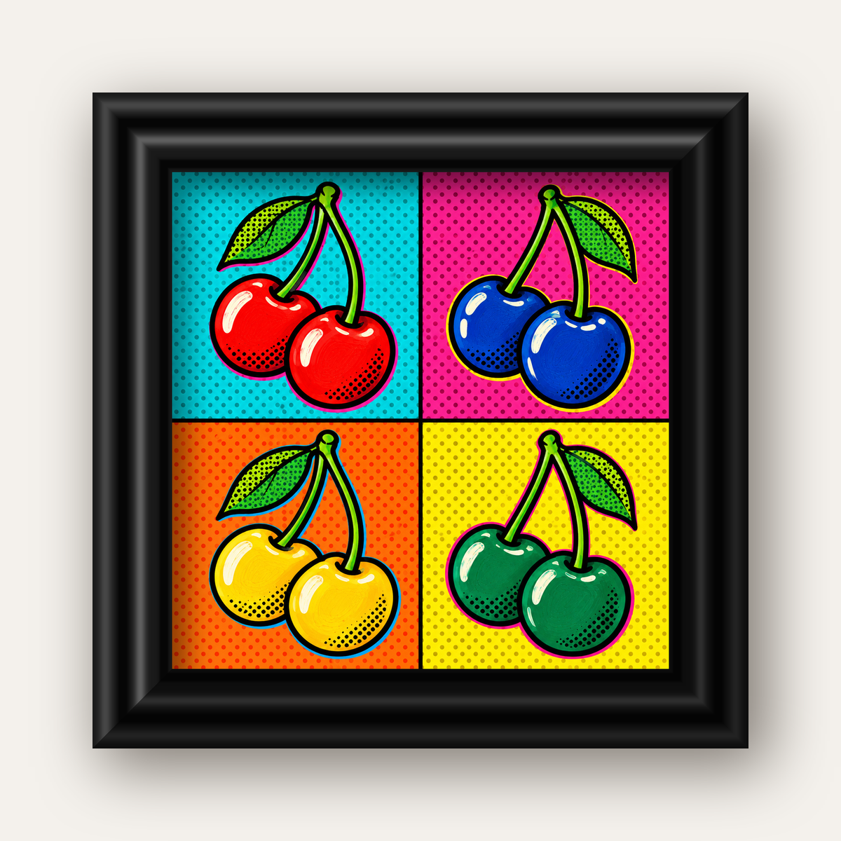 Pop Art Kiraz Poster – Renkli Çizgi Roman Tarzı Duvar Dekoru — siyah galeri çerçeveli