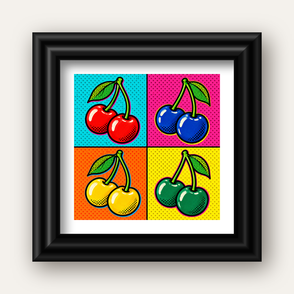 Pop Art Kiraz Poster – Renkli Çizgi Roman Tarzı Duvar Dekoru — siyah galeri çerçeveli paspartulu