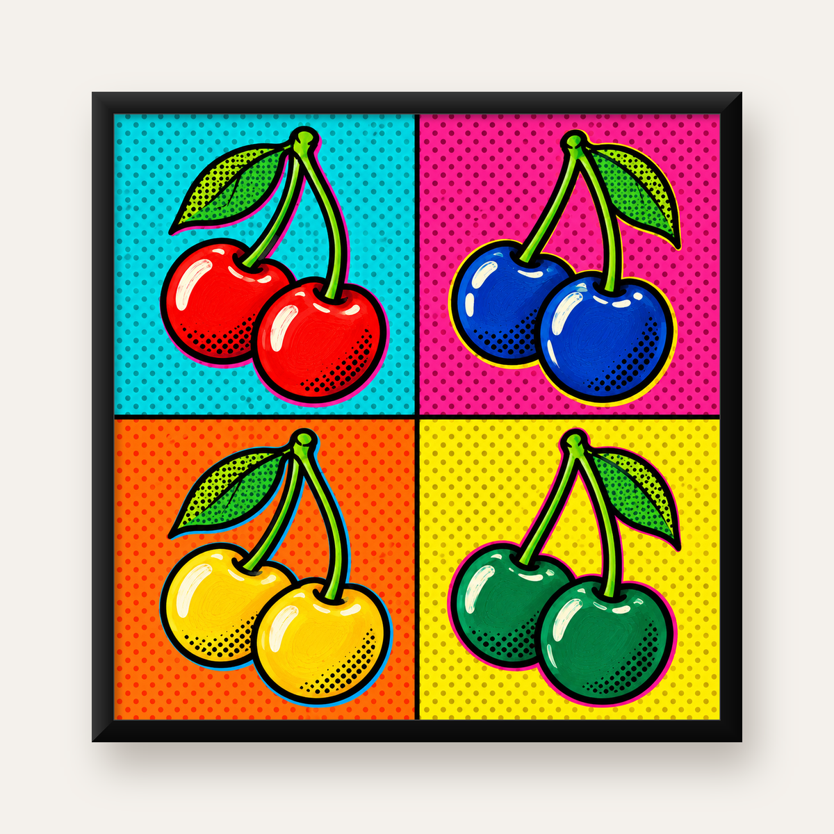 Pop Art Kiraz Poster – Renkli Çizgi Roman Tarzı Duvar Dekoru — Kare baskı, düz siyah çerçeveli duvar posteri