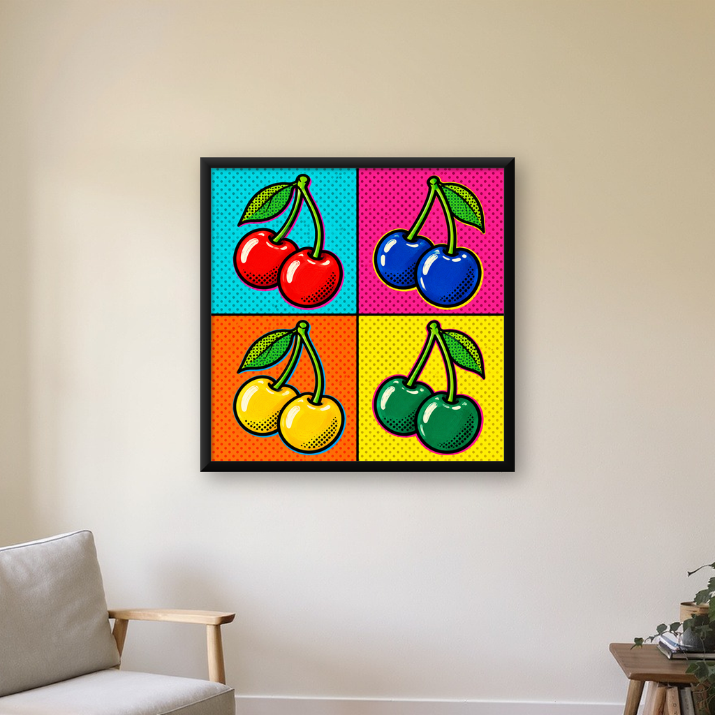 Pop Art Kiraz Poster – Renkli Çizgi Roman Tarzı Duvar Dekoru — Kare baskı, çerçeveli hâliyle bir ev duvarında