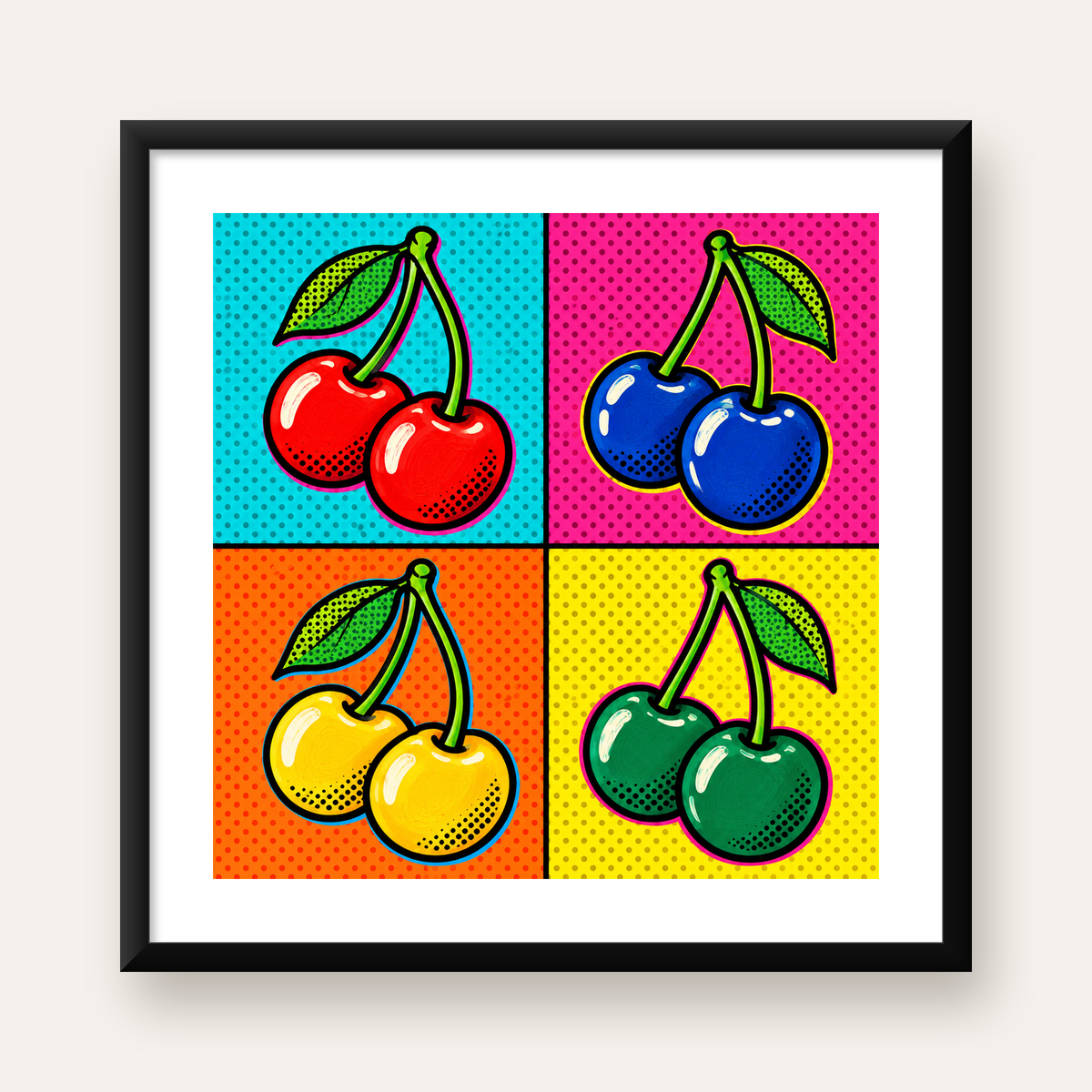 Pop Art Kiraz Poster – Renkli Çizgi Roman Tarzı Duvar Dekoru — Kare baskı, beyaz paspartulu