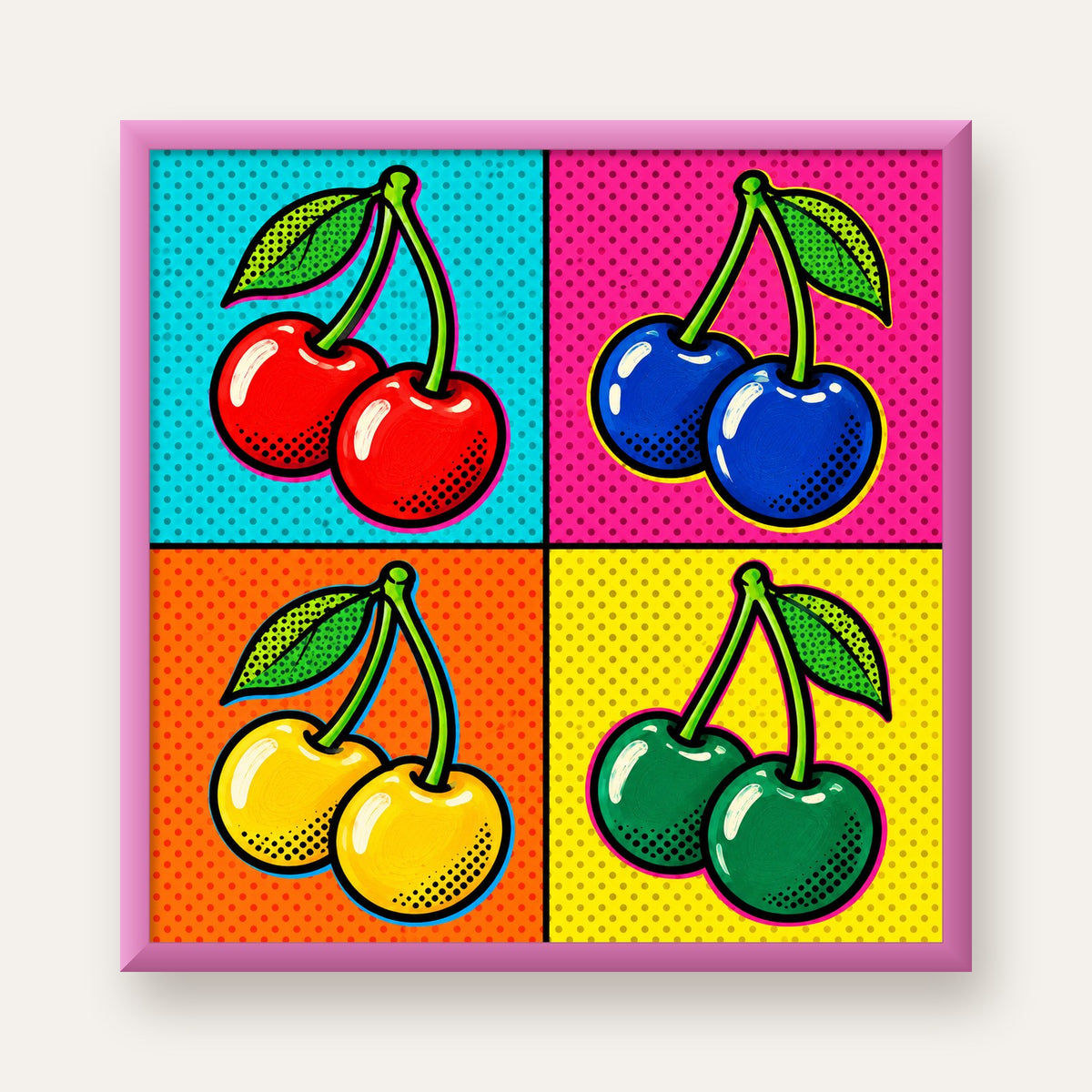 Pop Art Kiraz Poster – Renkli Çizgi Roman Tarzı Duvar Dekoru — pembe çerçeveli