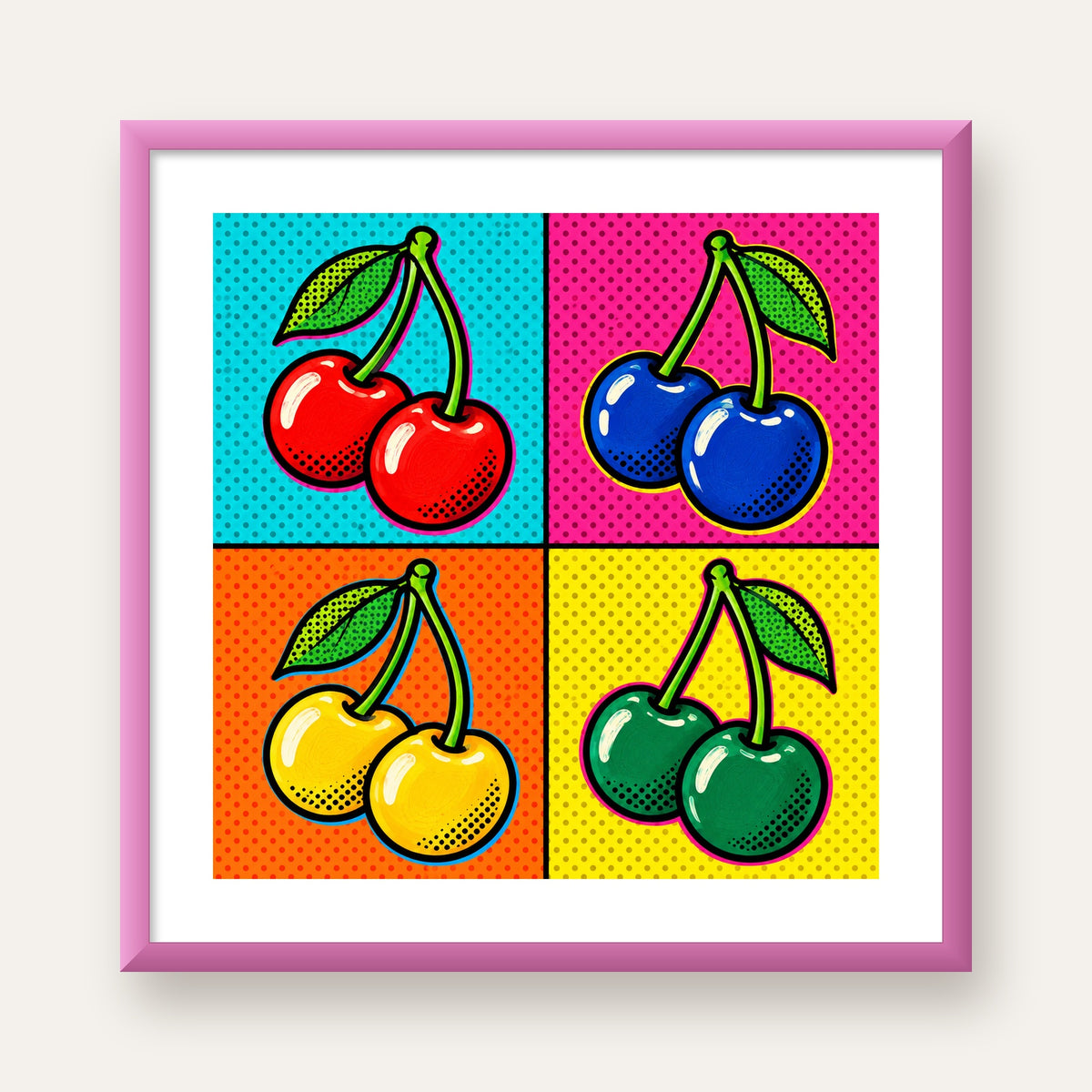 Pop Art Kiraz Poster – Renkli Çizgi Roman Tarzı Duvar Dekoru — pembe çerçeveli paspartulu