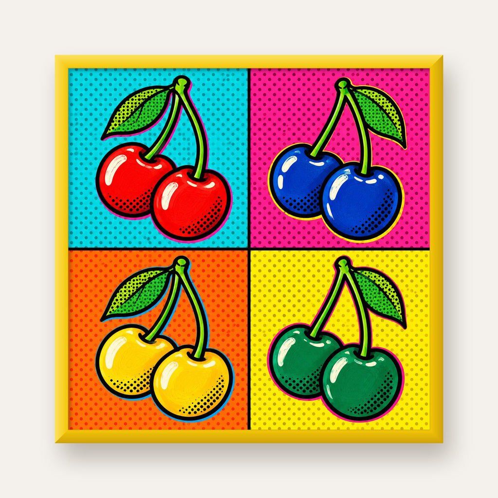 Pop Art Kiraz Poster – Renkli Çizgi Roman Tarzı Duvar Dekoru — sarı çerçeveli