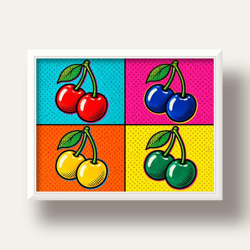Pop Art Kiraz Poster – Renkli Çizgi Roman Tarzı Duvar Dekoru — beyaz derin çerçeveli