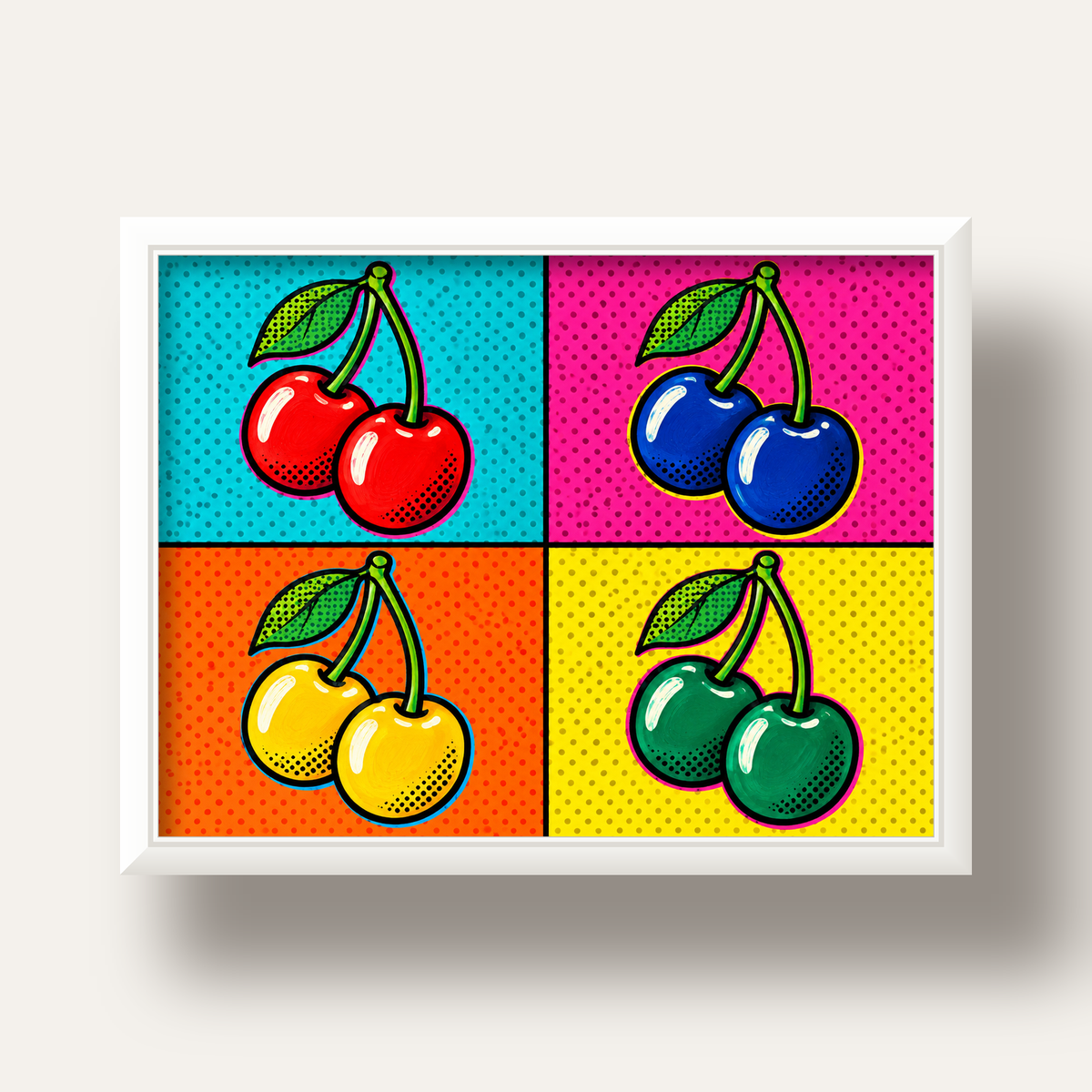 Pop Art Kiraz Poster – Renkli Çizgi Roman Tarzı Duvar Dekoru — beyaz derin çerçeveli