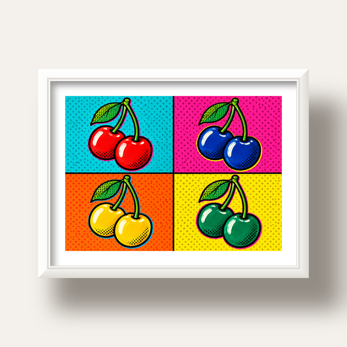 Pop Art Kiraz Poster – Renkli Çizgi Roman Tarzı Duvar Dekoru — beyaz derin çerçeveli paspartulu