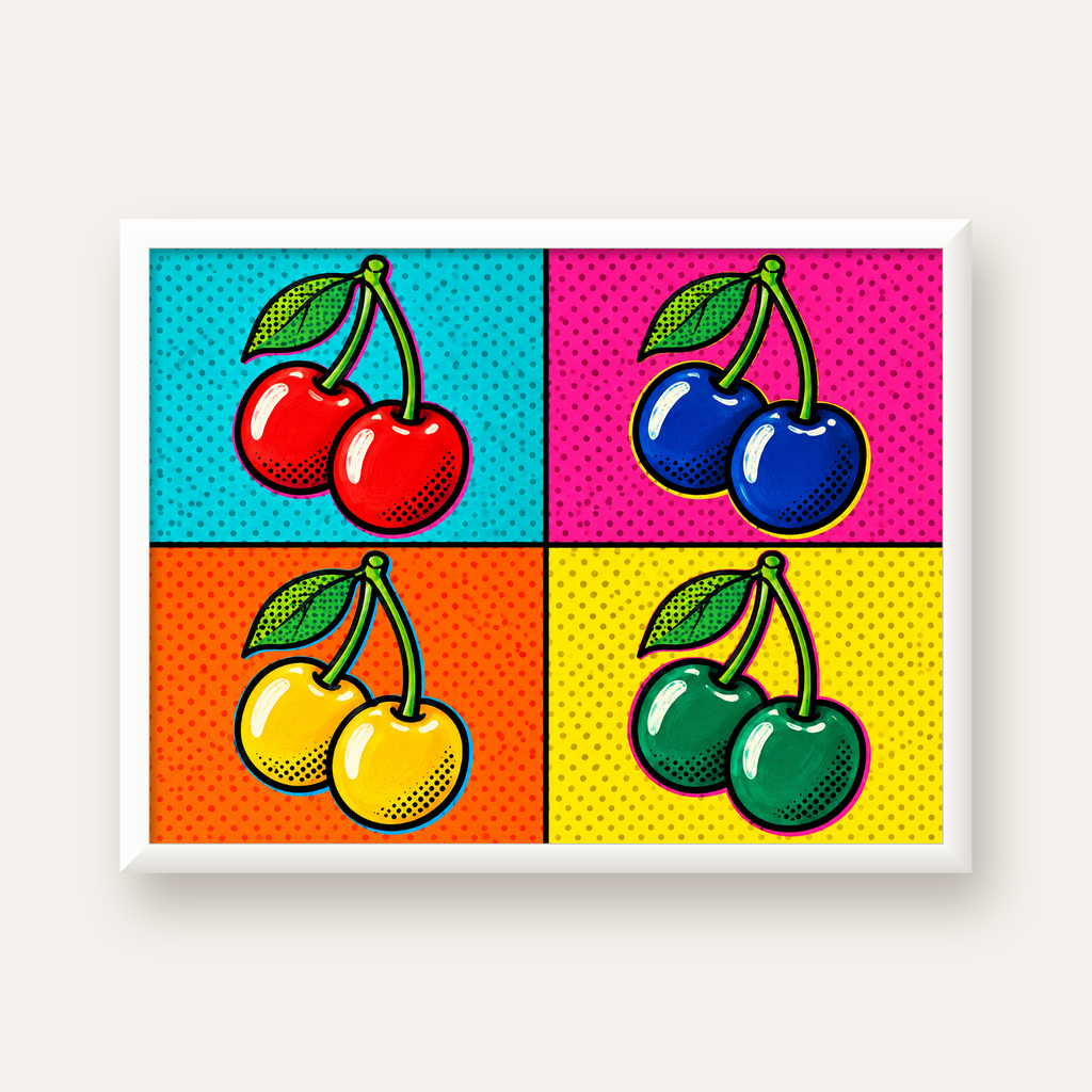 Pop Art Kiraz Poster – Renkli Çizgi Roman Tarzı Duvar Dekoru — beyaz çerçeveli yatay poster