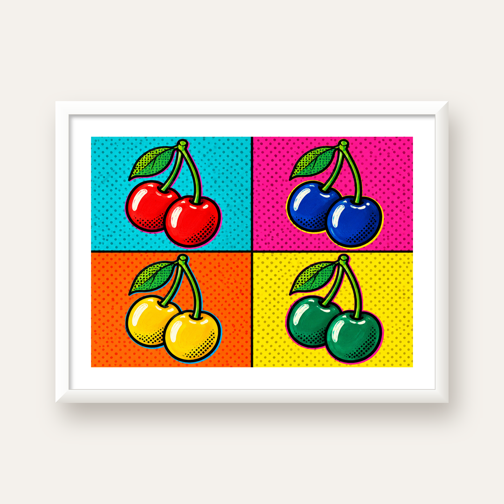 Pop Art Kiraz Poster – Renkli Çizgi Roman Tarzı Duvar Dekoru — beyaz çerçeveli yatay poster