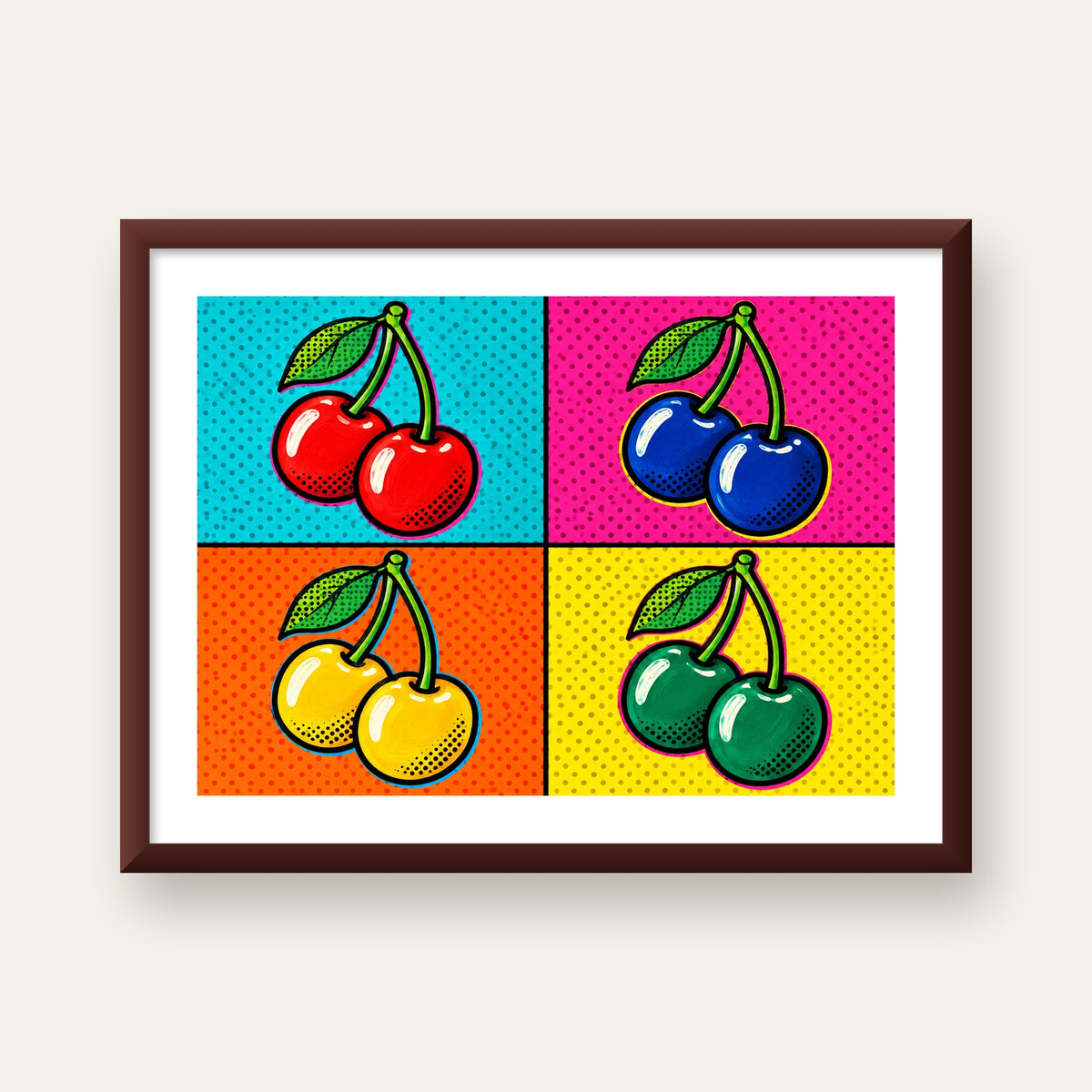 Pop Art Kiraz Poster – Renkli Çizgi Roman Tarzı Duvar Dekoru — ceviz çerçeveli paspartulu
