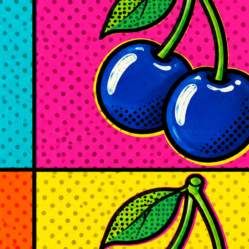 Pop Art Kiraz Poster – Renkli Çizgi Roman Tarzı Duvar Dekoru — baskının yakın çekimi, kâğıt dokusu ve renk detayı