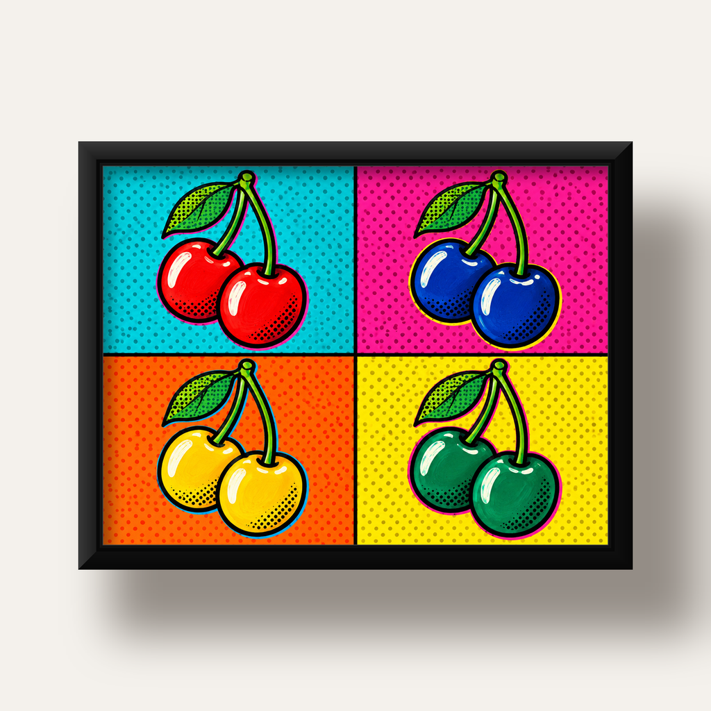 Pop Art Kiraz Poster – Renkli Çizgi Roman Tarzı Duvar Dekoru — siyah derin çerçeveli