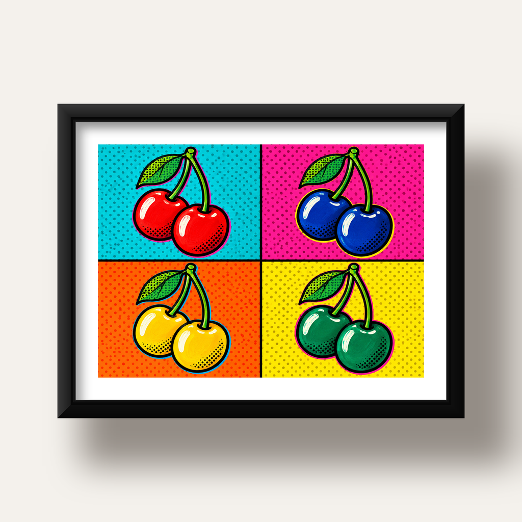 Pop Art Kiraz Poster – Renkli Çizgi Roman Tarzı Duvar Dekoru — siyah derin çerçeveli paspartulu