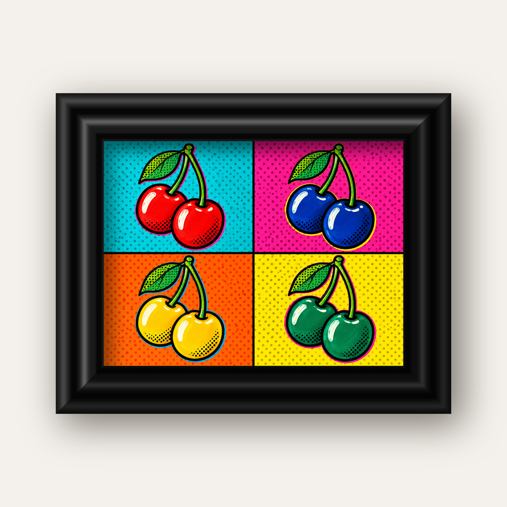 Pop Art Kiraz Poster – Renkli Çizgi Roman Tarzı Duvar Dekoru — siyah galeri çerçeveli