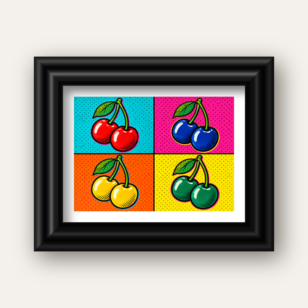 Pop Art Kiraz Poster – Renkli Çizgi Roman Tarzı Duvar Dekoru — siyah galeri çerçeveli paspartulu