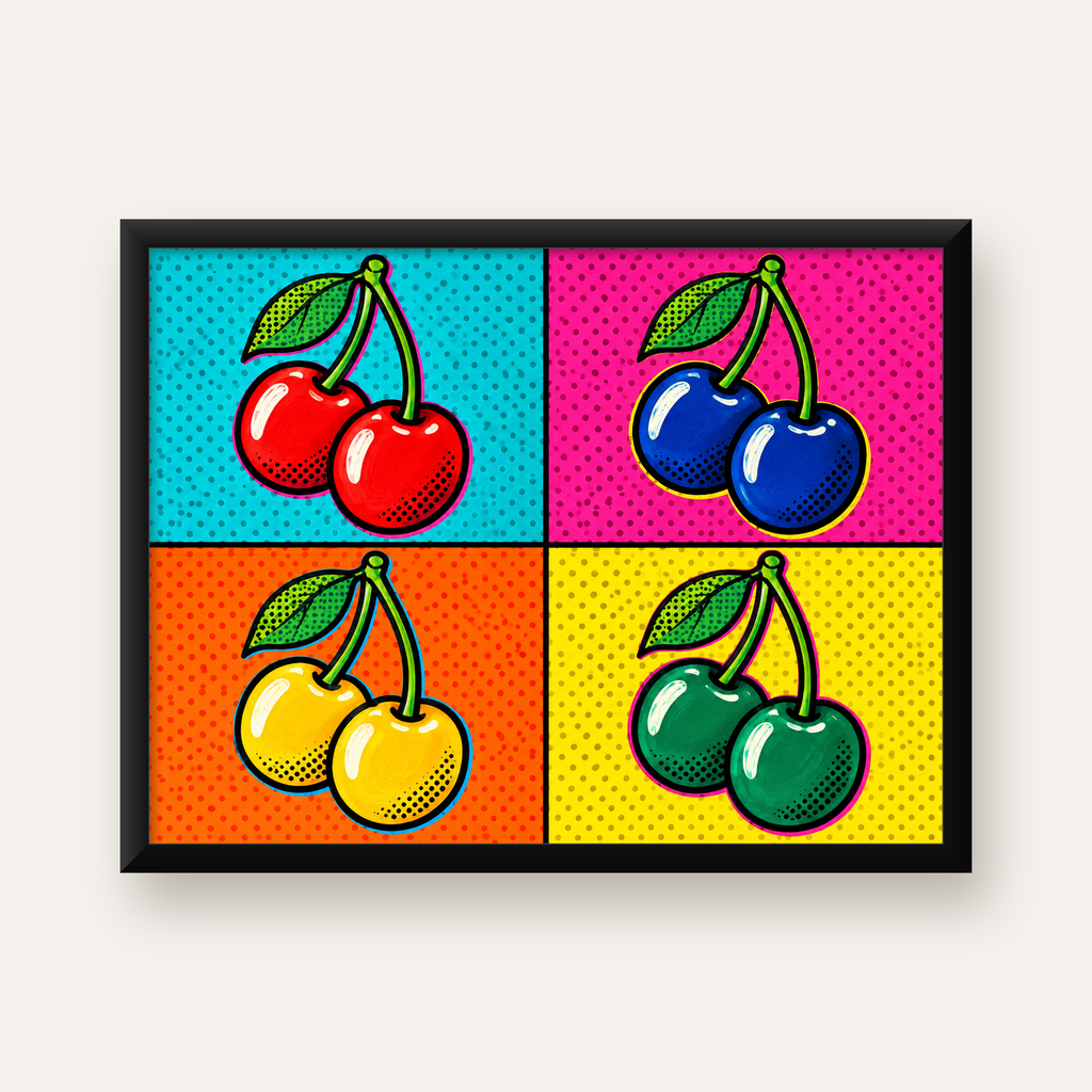 Pop Art Kiraz Poster – Renkli Çizgi Roman Tarzı Duvar Dekoru — Yatay baskı, düz siyah çerçeveli duvar posteri