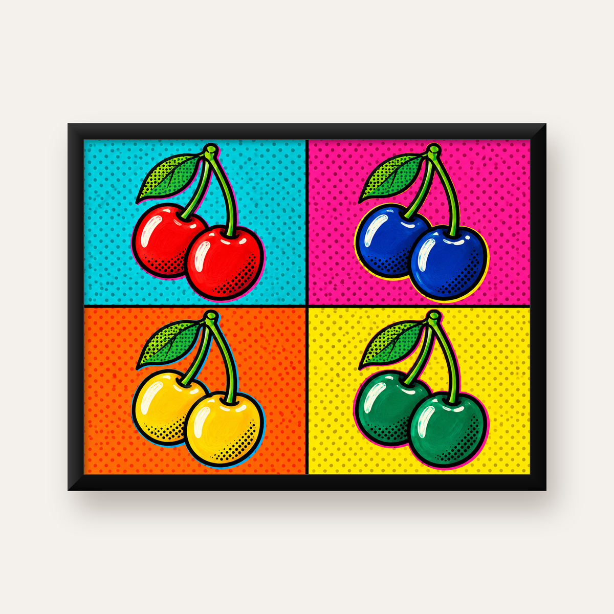 Pop Art Kiraz Poster – Renkli Çizgi Roman Tarzı Duvar Dekoru — Yatay baskı, düz siyah çerçeveli duvar posteri