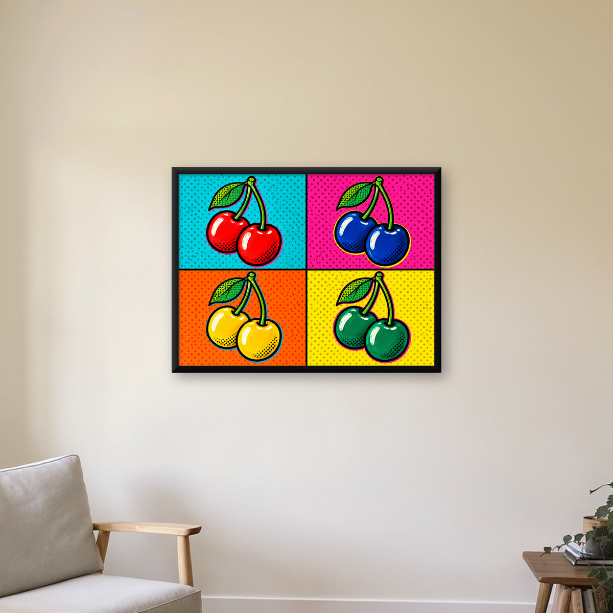 Pop Art Kiraz Poster – Renkli Çizgi Roman Tarzı Duvar Dekoru — Yatay baskı, çerçeveli hâliyle bir ev duvarında