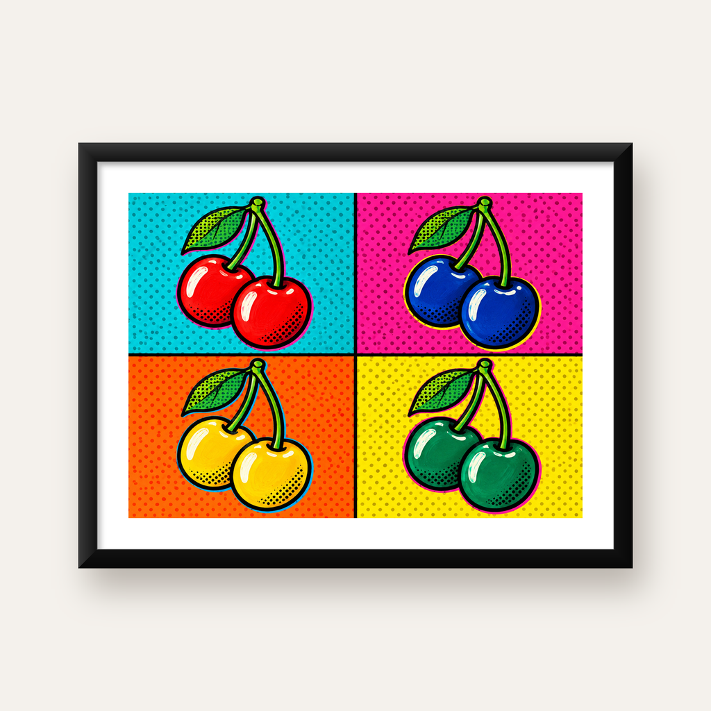 Pop Art Kiraz Poster – Renkli Çizgi Roman Tarzı Duvar Dekoru — Yatay baskı, beyaz paspartulu
