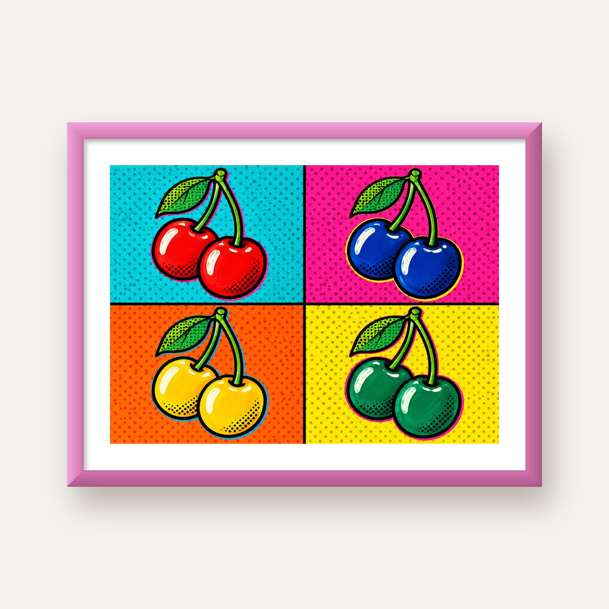 Pop Art Kiraz Poster – Renkli Çizgi Roman Tarzı Duvar Dekoru — pembe çerçeveli paspartulu
