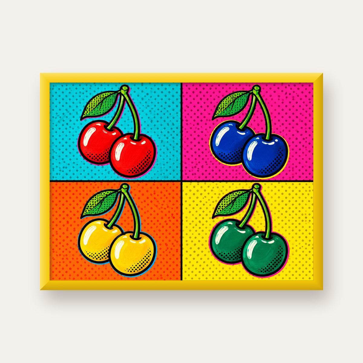 Pop Art Kiraz Poster – Renkli Çizgi Roman Tarzı Duvar Dekoru — sarı çerçeveli