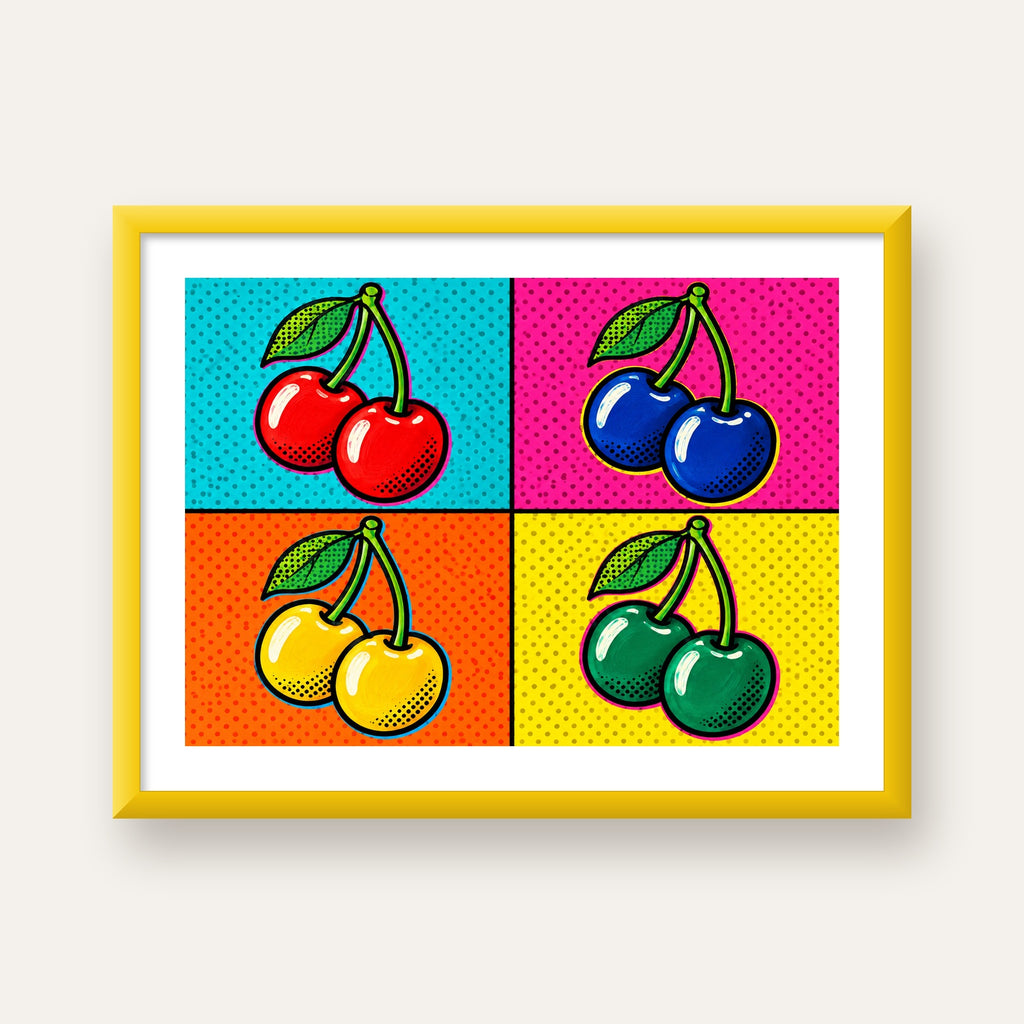 Pop Art Kiraz Poster – Renkli Çizgi Roman Tarzı Duvar Dekoru — sarı çerçeveli paspartulu