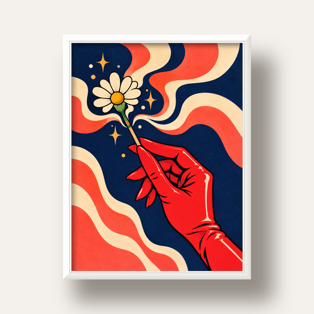 Retro El ve Papatya Dijital Poster – Pop-Art Stil Dekor — beyaz derin çerçeveli