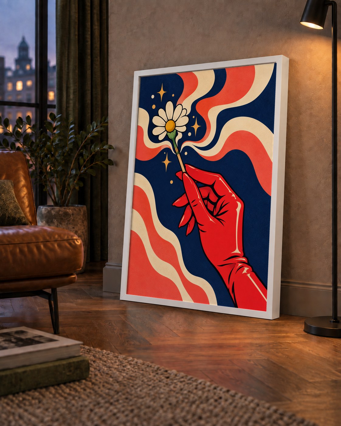 Retro El ve Papatya Dijital Poster – Pop-Art Stil Dekor — çerçeveli hâliyle bir ev duvarında