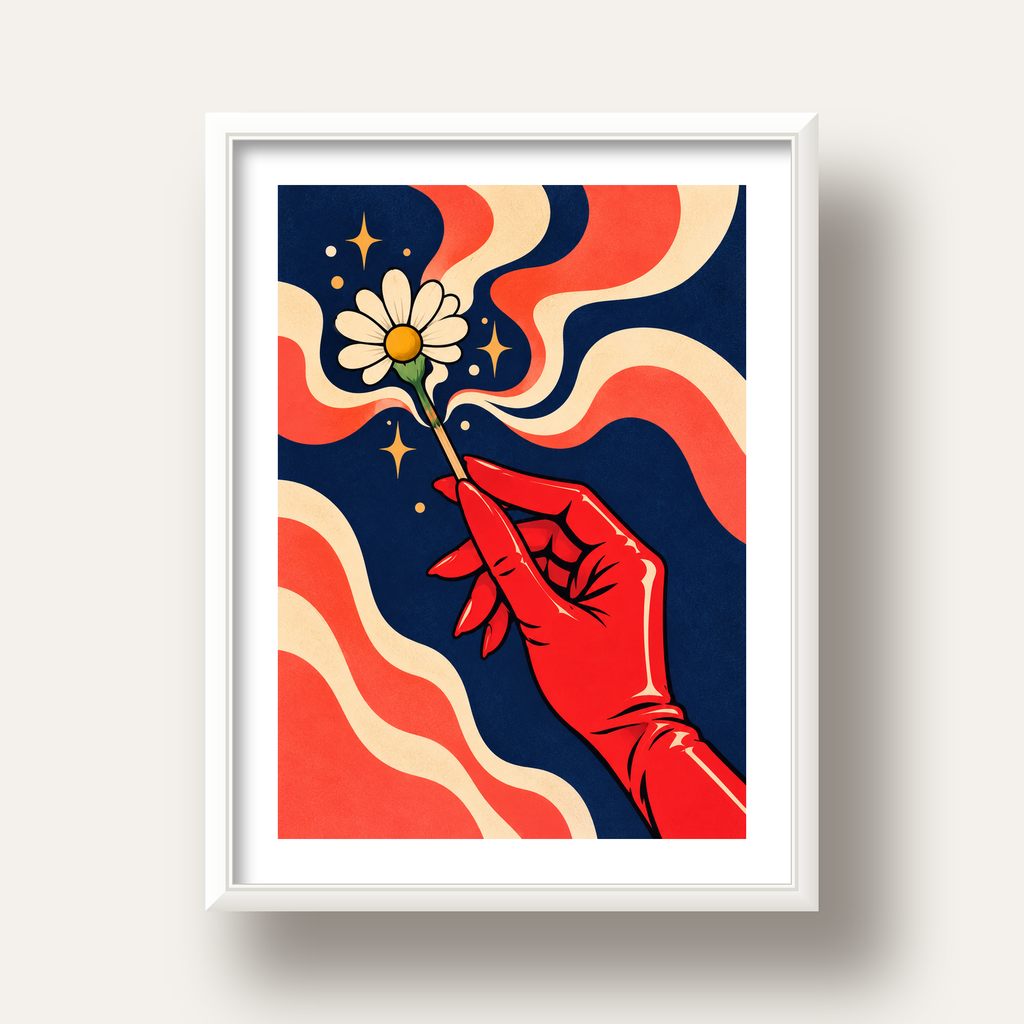 Retro El ve Papatya Dijital Poster – Pop-Art Stil Dekor — beyaz derin çerçeveli paspartulu