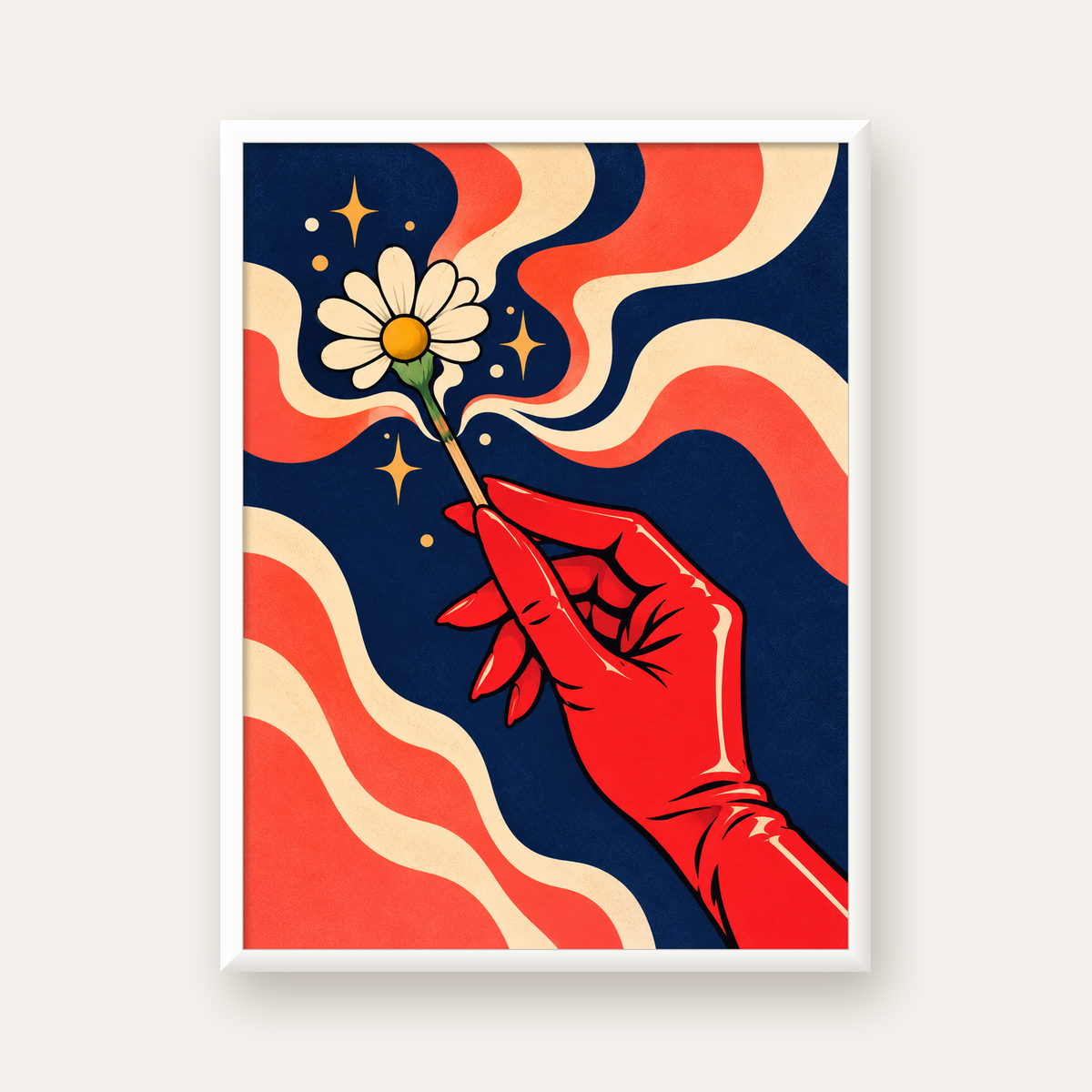 Retro El ve Papatya Dijital Poster – Pop-Art Stil Dekor — beyaz çerçeveli dikey poster