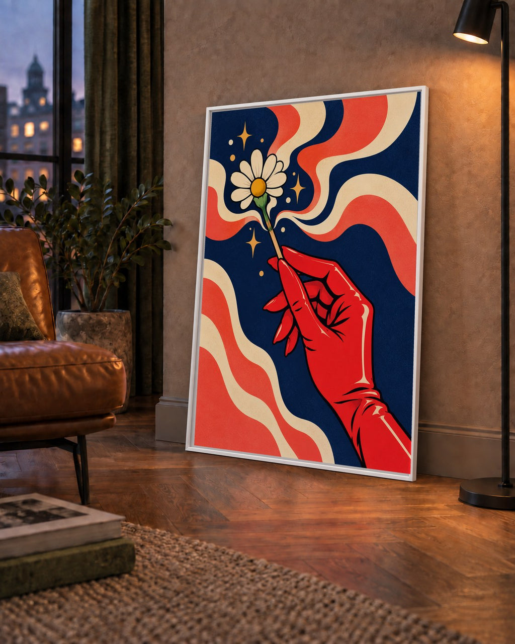 Retro El ve Papatya Dijital Poster – Pop-Art Stil Dekor — çerçeveli hâliyle bir ev duvarında