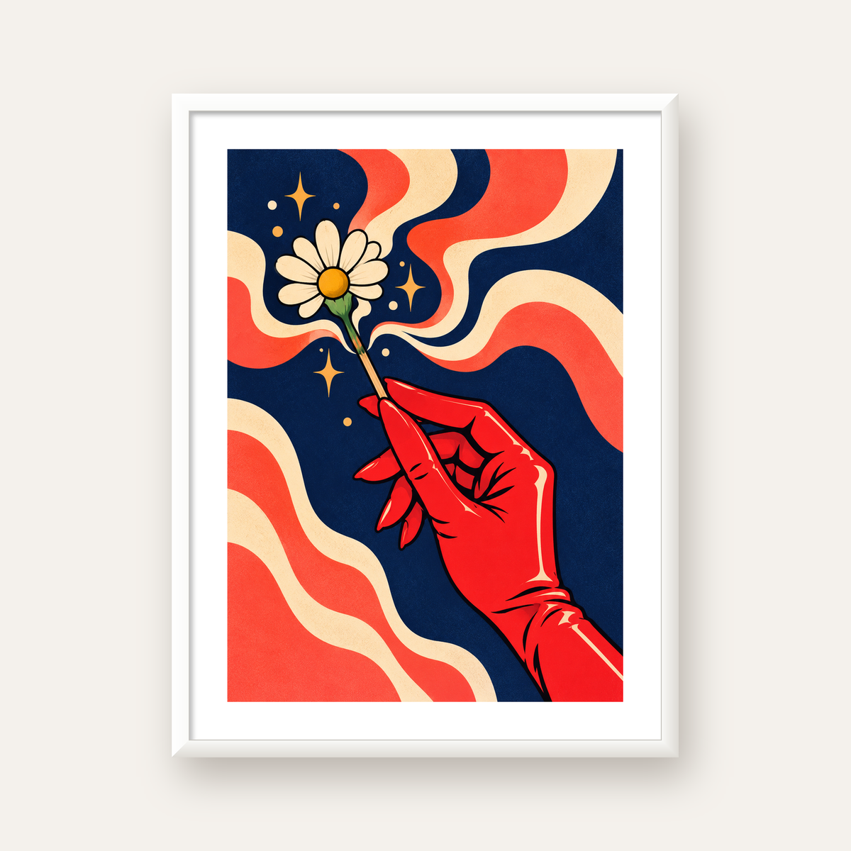 Retro El ve Papatya Dijital Poster – Pop-Art Stil Dekor — beyaz çerçeveli dikey poster
