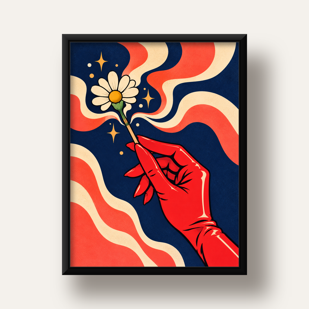 Retro El ve Papatya Dijital Poster – Pop-Art Stil Dekor — siyah derin çerçeveli