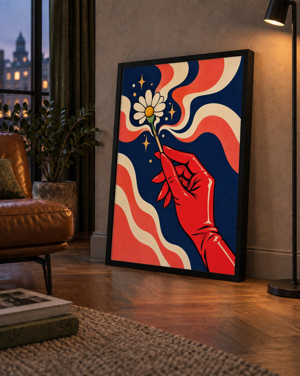 Retro El ve Papatya Dijital Poster – Pop-Art Stil Dekor — çerçeveli hâliyle bir ev duvarında