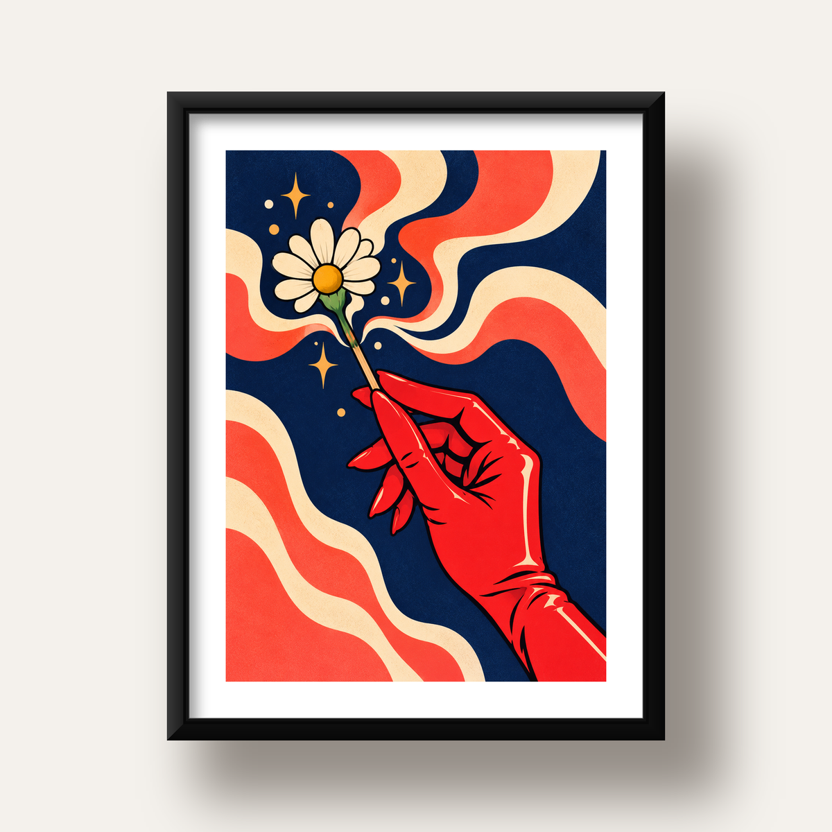Retro El ve Papatya Dijital Poster – Pop-Art Stil Dekor — siyah derin çerçeveli paspartulu