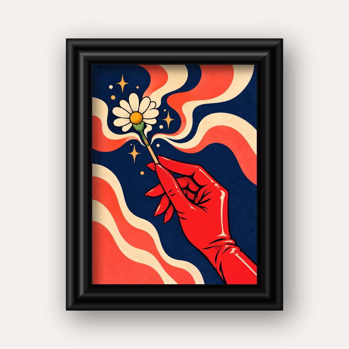 Retro El ve Papatya Dijital Poster – Pop-Art Stil Dekor — siyah galeri çerçeveli