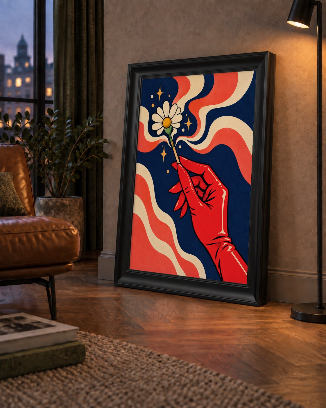 Retro El ve Papatya Dijital Poster – Pop-Art Stil Dekor — çerçeveli hâliyle bir ev duvarında