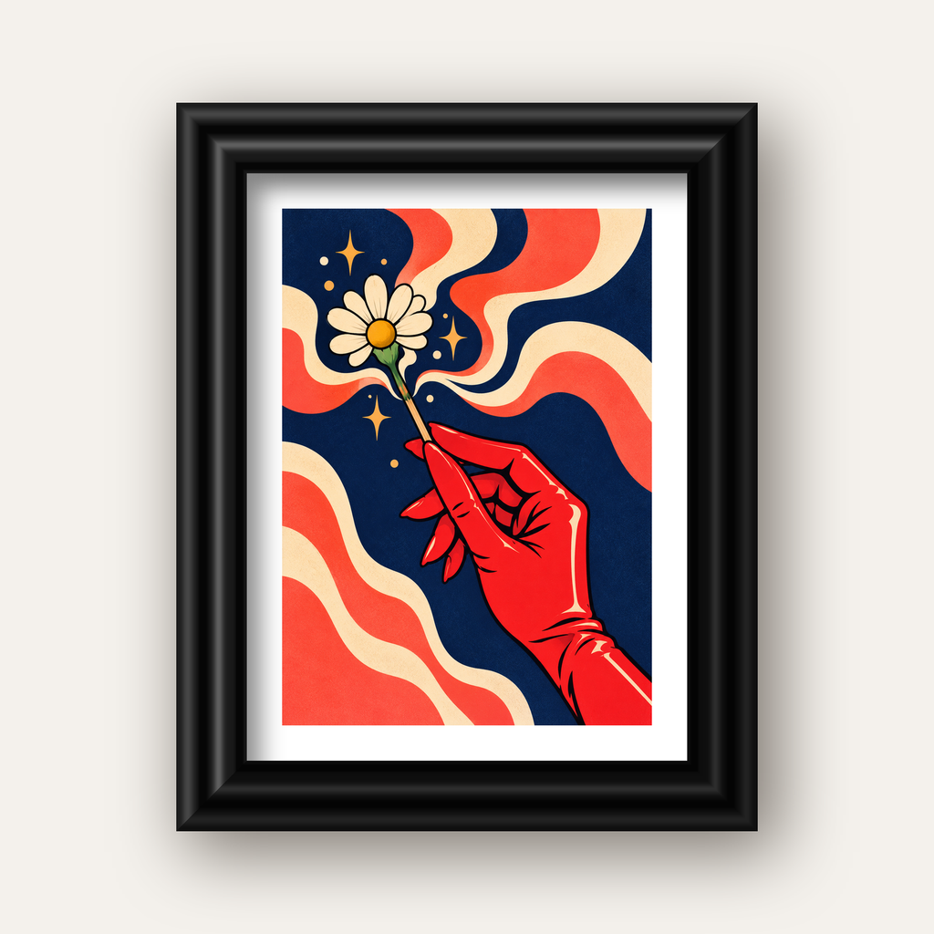 Retro El ve Papatya Dijital Poster – Pop-Art Stil Dekor — siyah galeri çerçeveli paspartulu