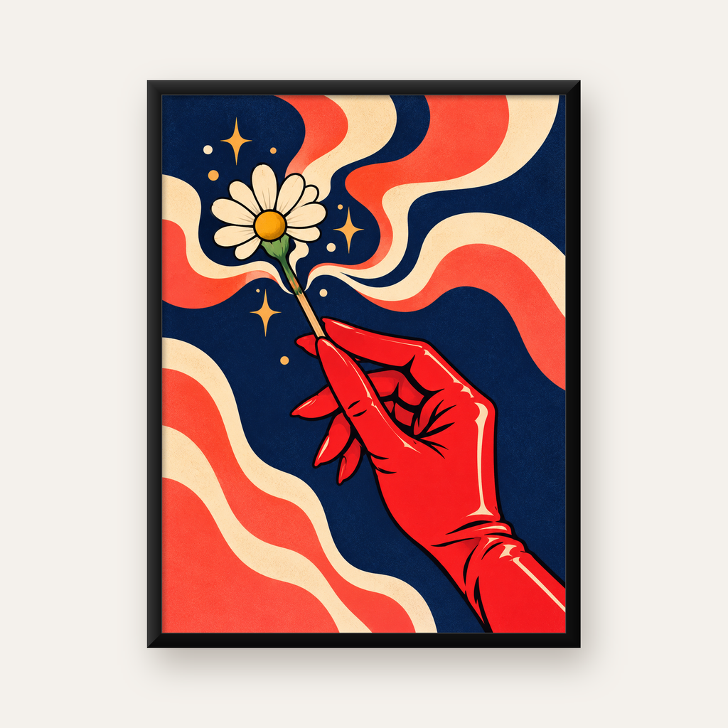 Retro El ve Papatya Dijital Poster – Pop-Art Stil Dekor — Dikey baskı, düz siyah çerçeveli duvar posteri