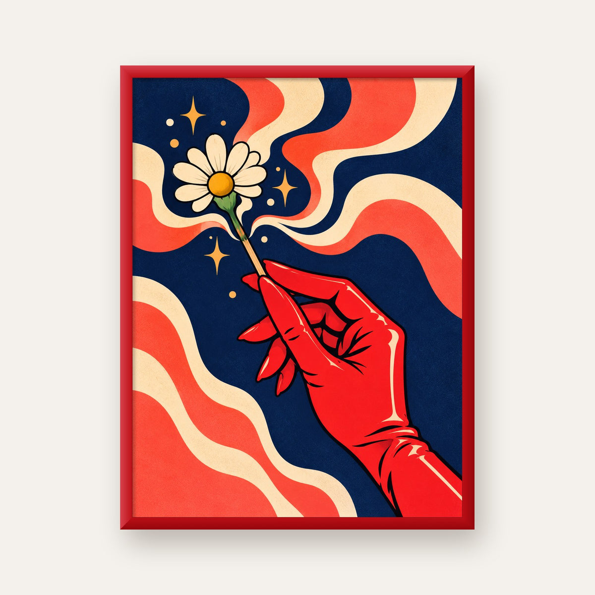 Retro El ve Papatya Dijital Poster – Pop-Art Stil Dekor — kırmızı çerçeveli