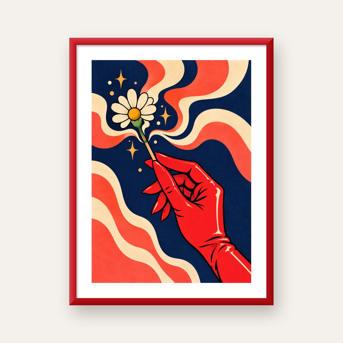 Retro El ve Papatya Dijital Poster – Pop-Art Stil Dekor — kırmızı çerçeveli paspartulu