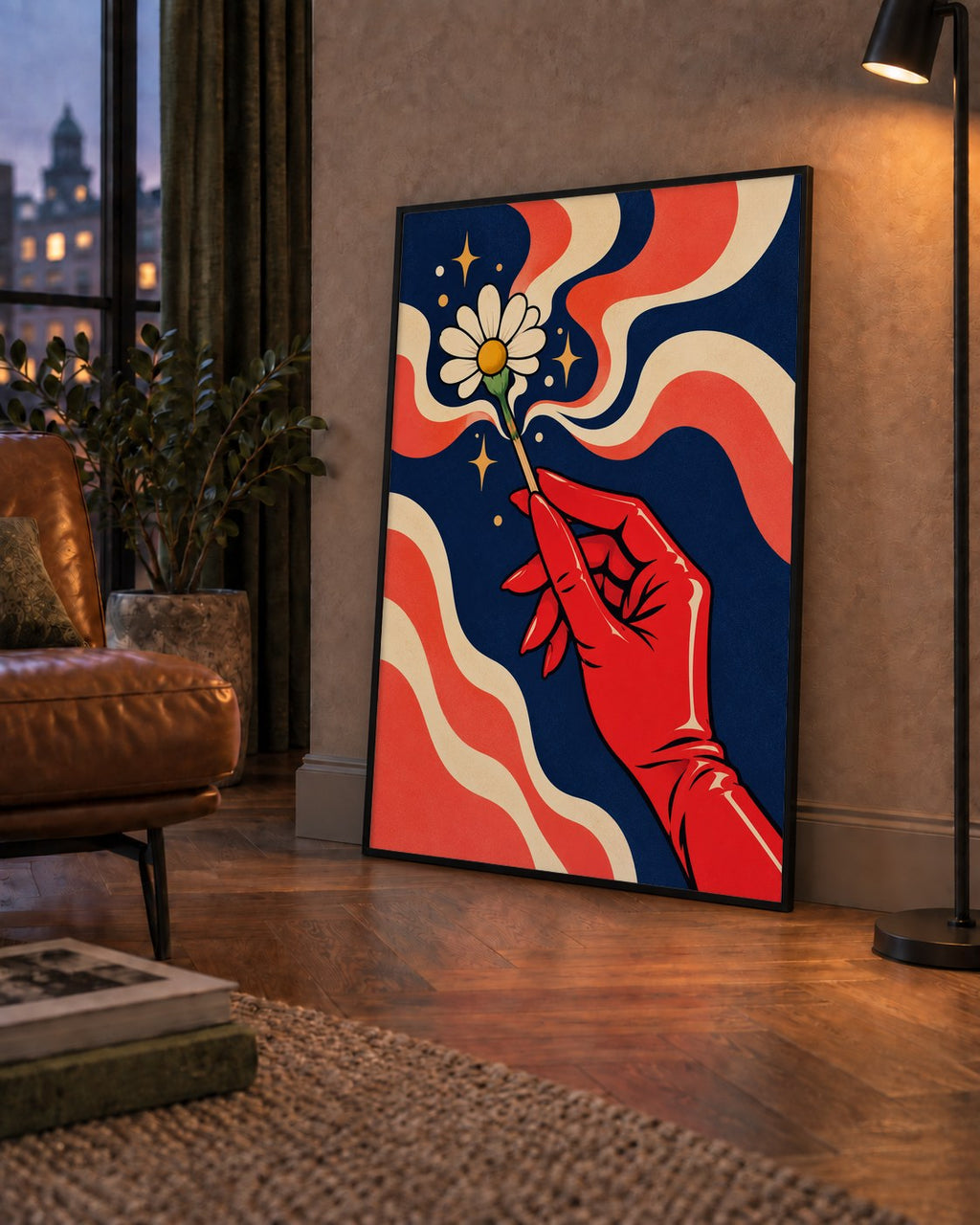 Retro El ve Papatya Dijital Poster – Pop-Art Stil Dekor — çerçeveli hâliyle bir ev duvarında