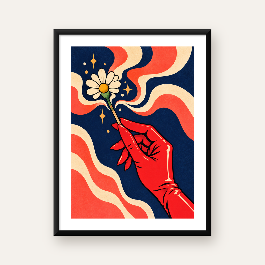 Retro El ve Papatya Dijital Poster – Pop-Art Stil Dekor — Dikey baskı, beyaz paspartulu