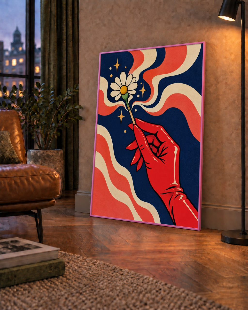 Retro El ve Papatya Dijital Poster – Pop-Art Stil Dekor — çerçeveli hâliyle bir ev duvarında