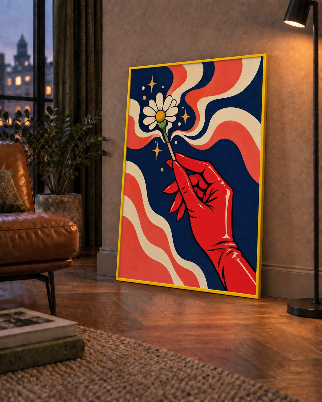 Retro El ve Papatya Dijital Poster – Pop-Art Stil Dekor — çerçeveli hâliyle bir ev duvarında