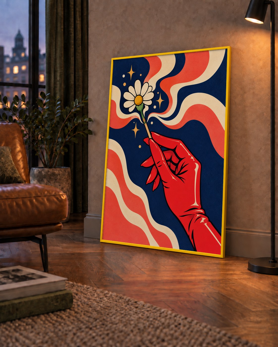 Retro El ve Papatya Dijital Poster – Pop-Art Stil Dekor — çerçeveli hâliyle bir ev duvarında